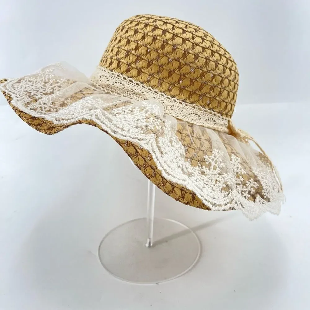 Women's Beach Straw Hat cottagecore Lace Chin Strap Outdoor Travel Panama One Si